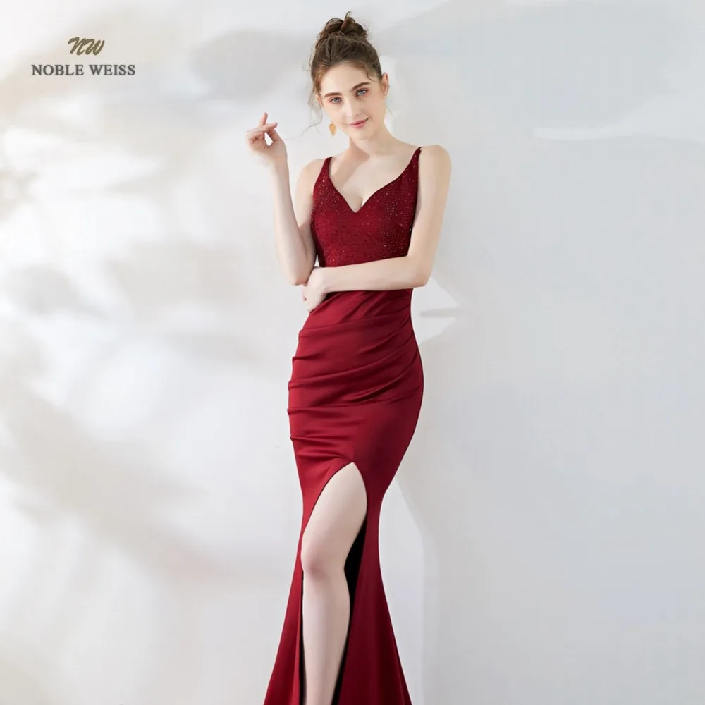 Sexy Prom Dress Satin Bare Back Split Simple Long Crystal V-neck Mermaid Party/Prom Dresses Customized