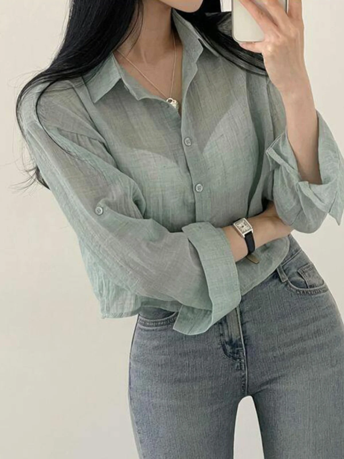 Women's Short Length Sun Protection Shirt Summer Anti-Uv Long Sleeve Turn-down Collar Folded Design Style Top