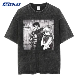 男性用の特大のアニメプリントTシャツ,ヒップホップスタイルのストリートウェア,ヴィンテージコットンTシャツ,ウォッシュドブラックTシャツ,原宿Tシャツ