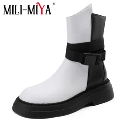 MILI-MIYA New Arrival Mixed Color Women Cow Leather Ankle Boots Thick Heels Round Toe Zippers Plus Size 34-42 Handmade For Lady