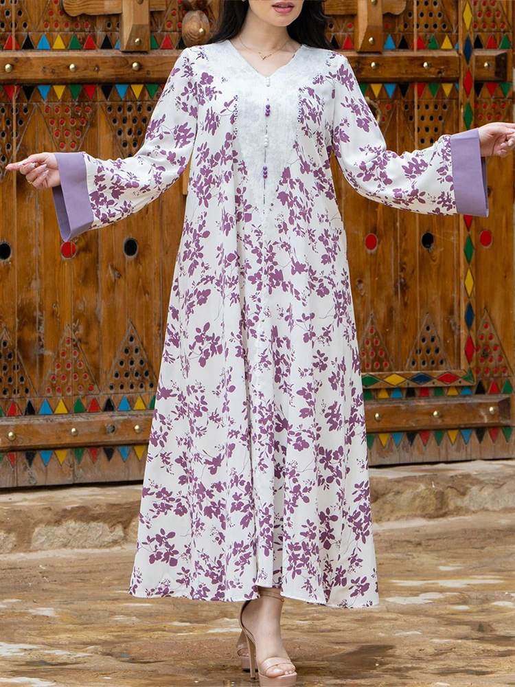 TOLEEN Een Midden-Oosten damesjurk met V-hals, enkele rij knopen, bloemenprint, casual Arabische jurk en modieuze moslimjas met print