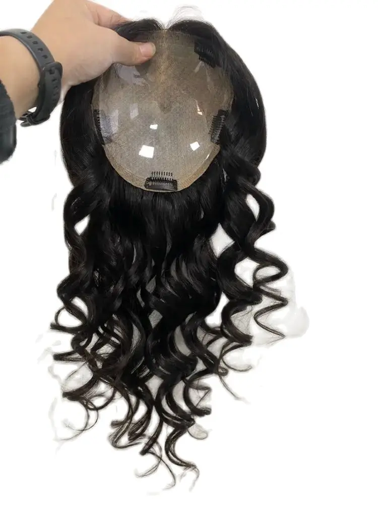 

Bouncy Wave Clip In Human Hair Piece Women Topper Silk Skin Base Toupee 100% European Virgin Hair Extensions for Thin White Hair