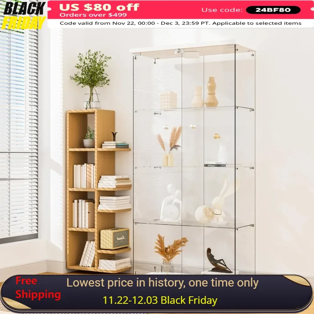 Glass Display Cabinet, 4-Shelf 2 Doors with LED Light & Lock,Bookshelf Showcase for Bedroom, Living Room,Curio Display Cabinet