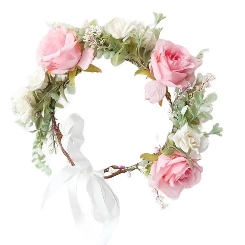 

652F повязка для волос с имитацией цветочной гирлянды для свадьбы, повязка на голову с розой, богемная свадебная повязка для для
