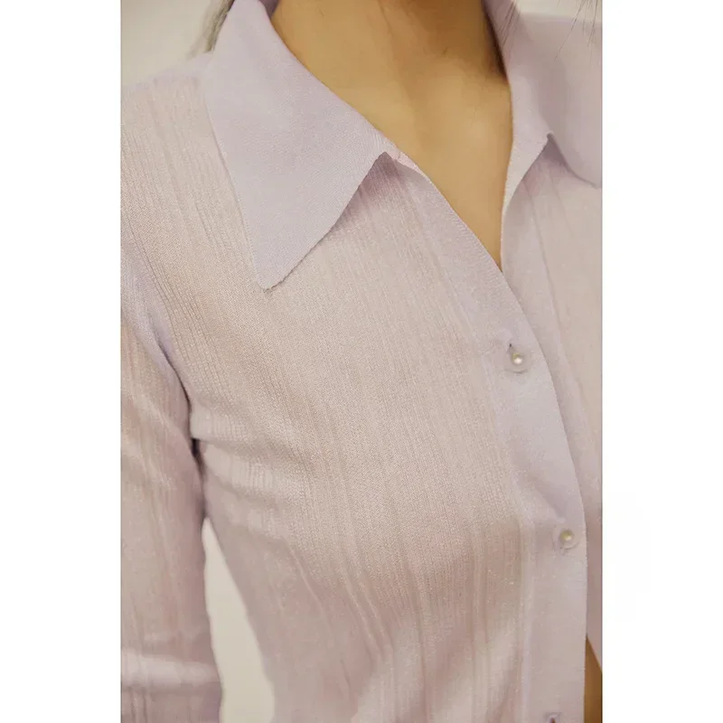 LC@ Shirt Female Small Pointed Collar Summer Thin Section See-through Feeling Bottoming Blouse Waist Slimming  Retro Blouse