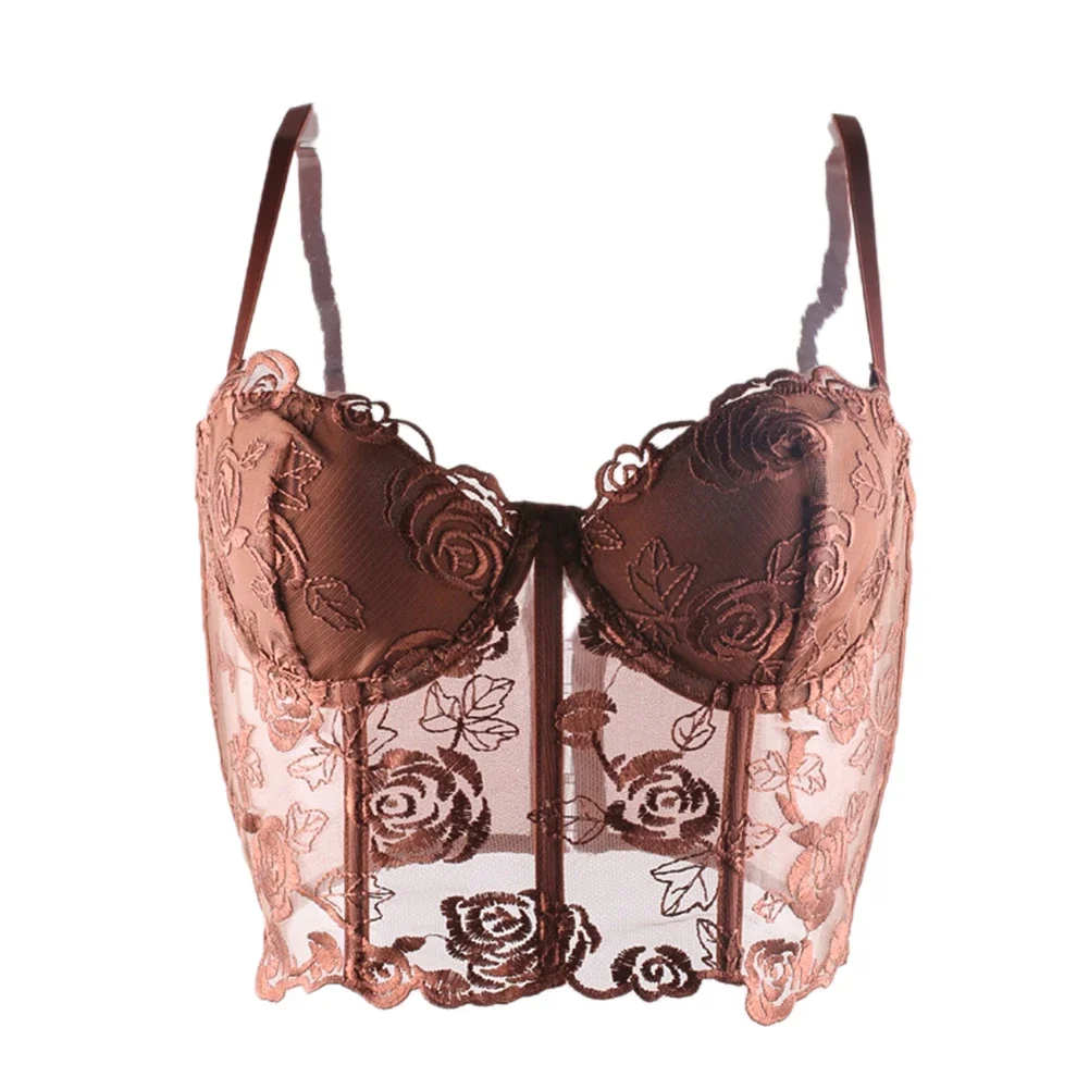 Women Solid Rose Embroidery Tank Top With Steel Rings Fishbone Strapless Corset Vest With Shoulder Straps French Style Sweet Top