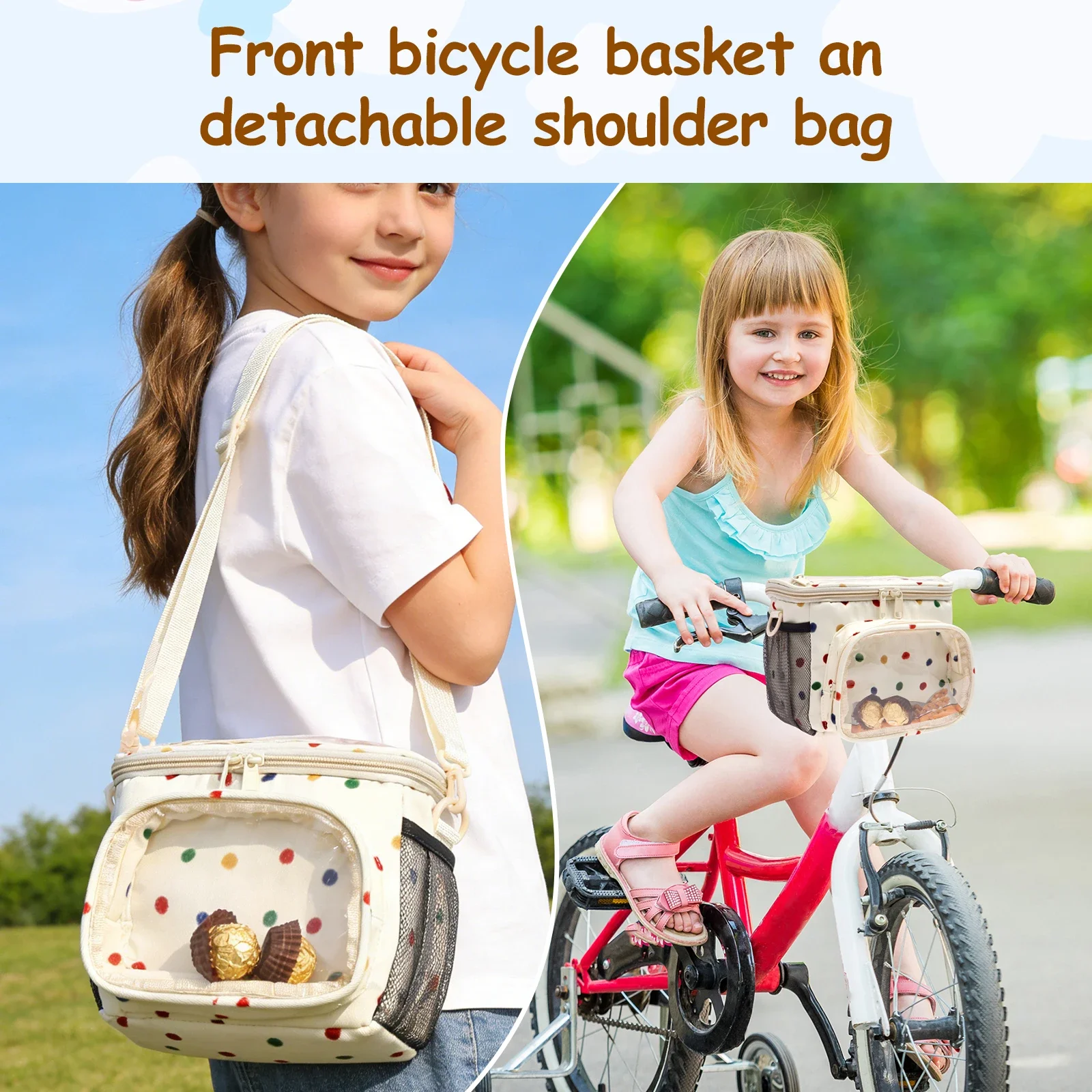Kids Bike Basket Nylon Multi-pocket Bike Handlebar Bag with Shoulder Strap Universal Toddler Bike Basket Front for Boy and Girl