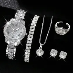 6 szt. Zegarek damski luksusowy elegancki zegarek ze stopu kryształowy zegarek na rękę dla pań prezent zegarek kwarcowy bransoletka ze stopu Rhinestone Montre