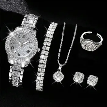 6PCS Women Watch Luxury Elegant Alloy Watch Crystal Wristwatch For Ladies Gift Quartz…