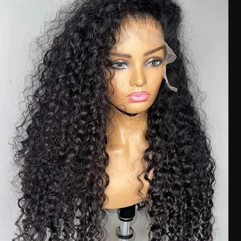 Perruque Lace Front Wig bouclée crépue noire naturelle pour femme, cheveux de bébé doux, densité 180, préplumée, sans colle, degré de chaleur, 26 po de long, 03/3