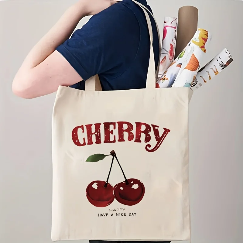 Cherry Winter Canvas Handbag Grocery Shopping Bag Double-Sided Printed Handbag Storage Bag Handbag with Fixed Shoulder Straps