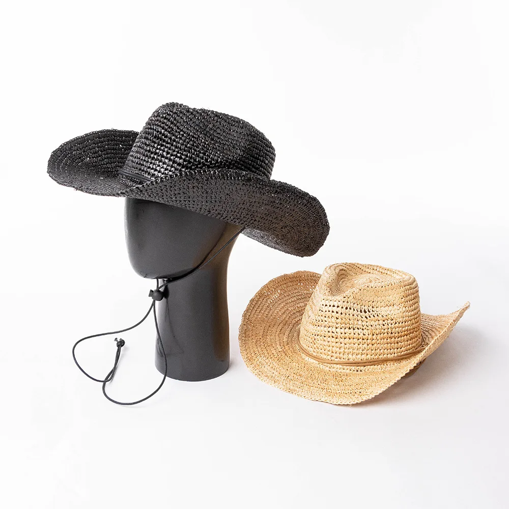 

Ковбойская шляпа из рафии ручной работы, связанная крючком, с завязкой на веревке, ветрозащитный солнцезащитный козырек для мужчин и женщин, пляжная ковбойская шляпа с защитой от солнца в стиле вестерн