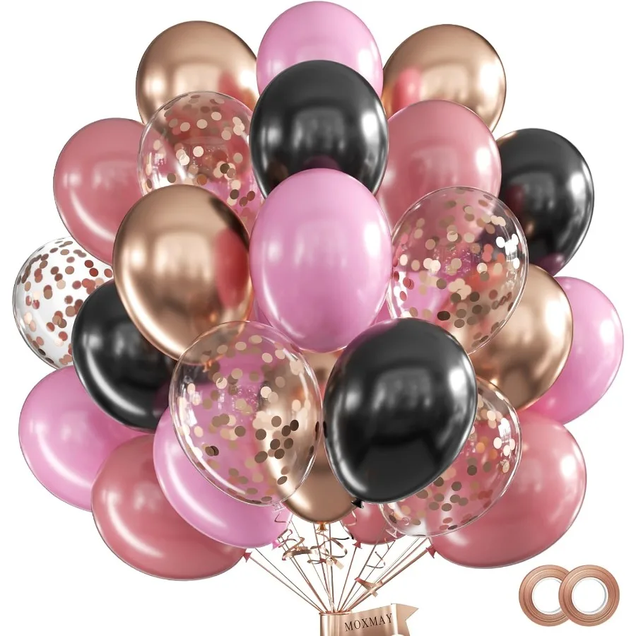 62Pcs 12Inch Black Rose Gold Pink Balloons Kit Vintage Pale Pink Black Rose Gold Confetti Party Balloons with Ribbons for Birth