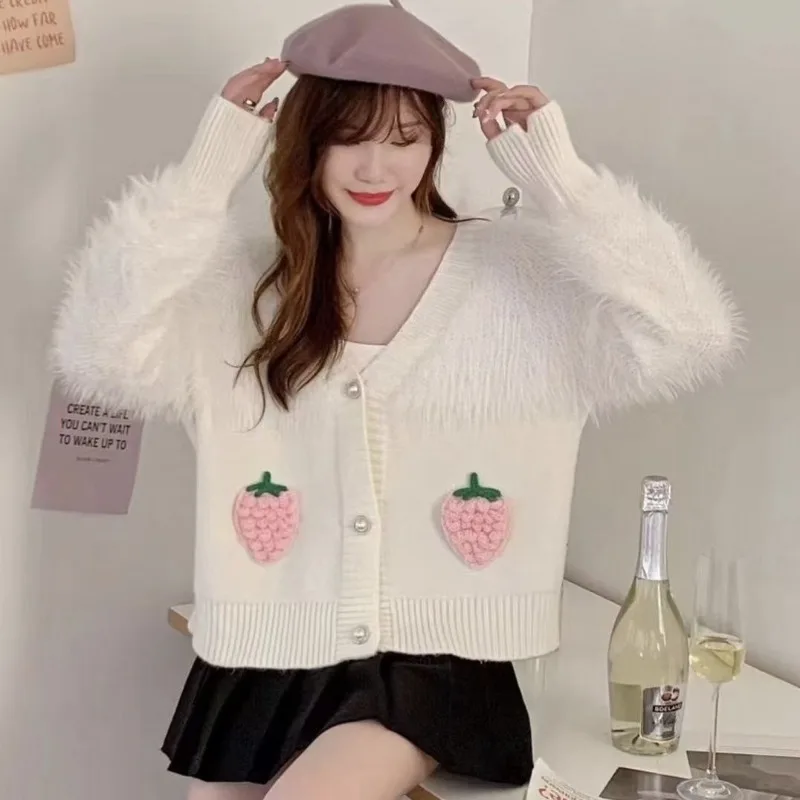 Cardigan Strawberry Soft Glutinous Sweater Coat Cardigan Women Autumn Loose V Neck Short Sleeve Knitted Sweater Cardigan Female