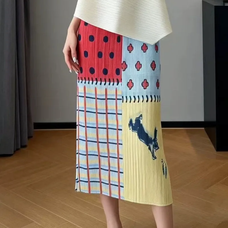 Miyake Pleated Skirt Dopamine Print Plisse Jupe 2026 Summer Fold New Loose Age-Reducing Casual Pleats Skirt Women Clothing