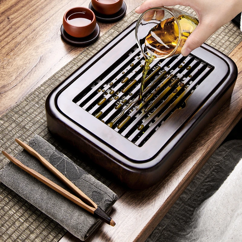 

Minimalist Bamboo Tea Tray Ebony Antique Solid Wood Tea Tray Drainage Water Storage Decorative Tray Kitchen Accessories