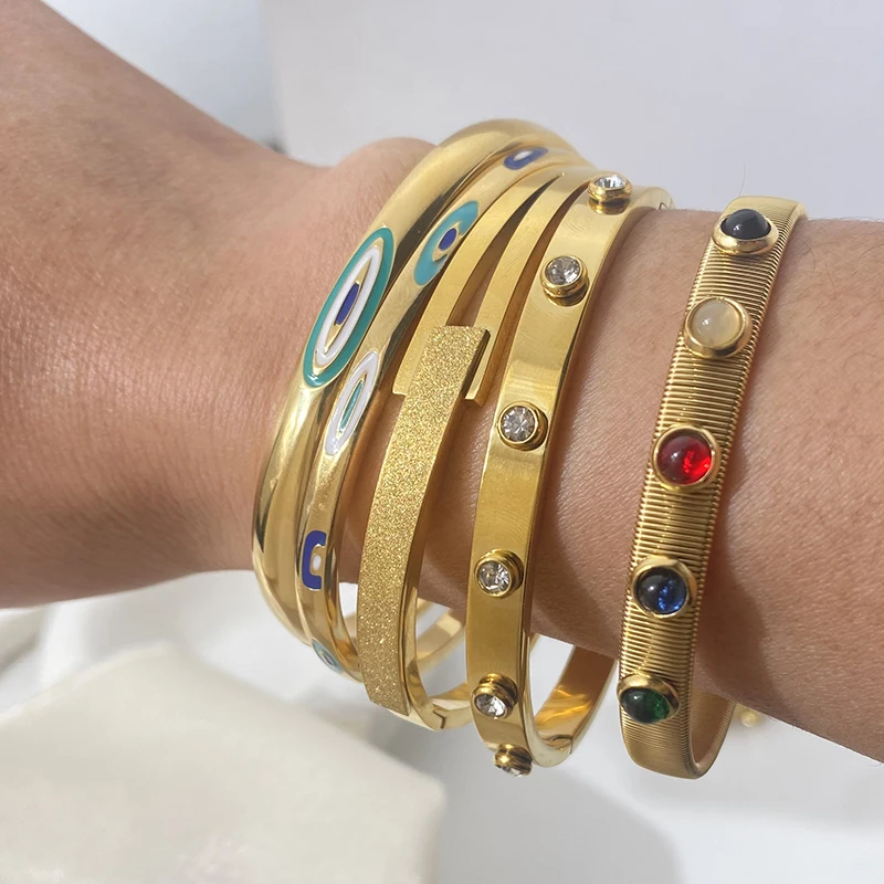 Wodoodporny 60mm emalia Evil Eye stal nierdzewna Metal PVD 18K pozłacane bransoletka dla kobiet modna biżuteria na prezent — zdjęcie 7