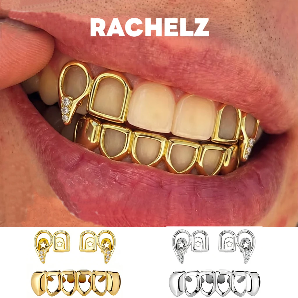 RACHELZ Vintage 3PCS/Set Hollow Zircon Teeth Grillz Fangs Hip Hop Glossy Tooth Caps For Women Men Jewelry Dental Grills Gift