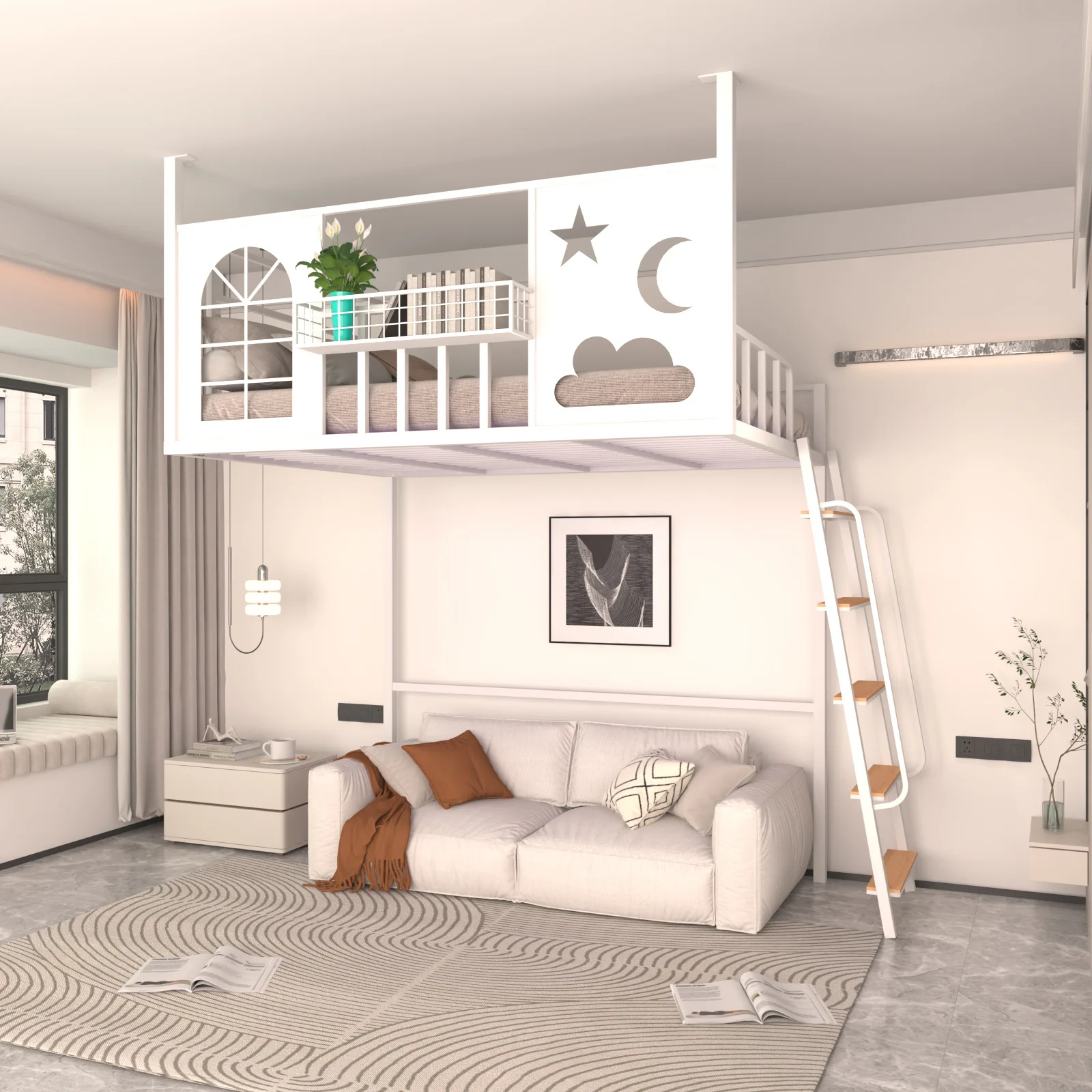 Nordic wrought iron elevated bed loft loft bed small apartment space saving duplex second floor suspended bed frame