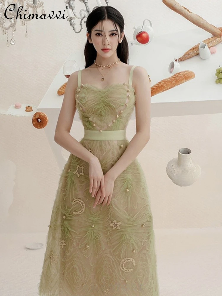 

Summer 2024 New Green Gauze Stars Moon Decoration Halter Dress for Women Party Holiday Slip Spaghetti Strap A- Line Long Dress