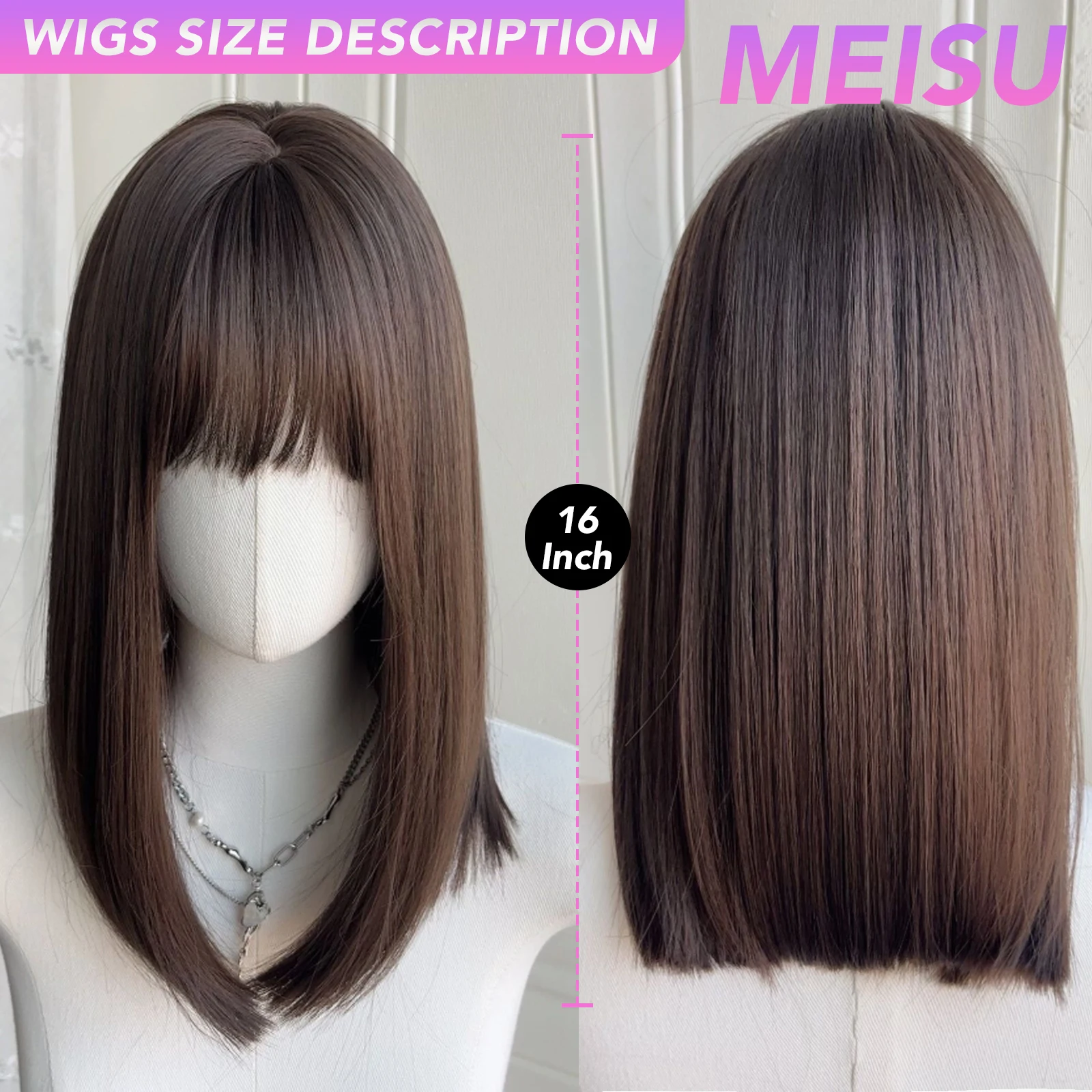 MEISU 16 بوصة قصيرة بوبو الانفجارات شعر مستعار الاصطناعية مستقيم الطبقات الباروكات الألياف البني مقاومة للحرارة حفلة أو Selfie تأثيري للنساء #3