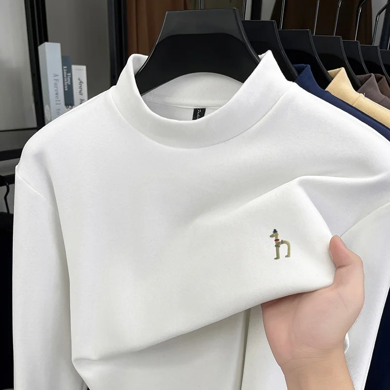 Autumn Winter New Men's Half High Collar Velvet Long Sleeve T-Shirt Luxury Quality Dog Print Warm Bottom Shirt Casual Men's Wear