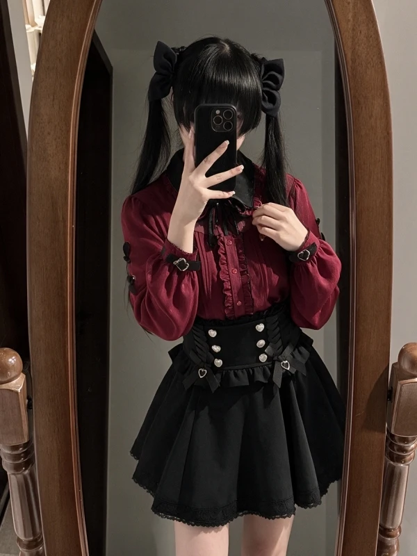 Sweet Lolita Shirt Skirt Set Women's Fashion Autumn Winter High Waist  Knot Long Sleeve Slim Fit Japanese Style Two ...