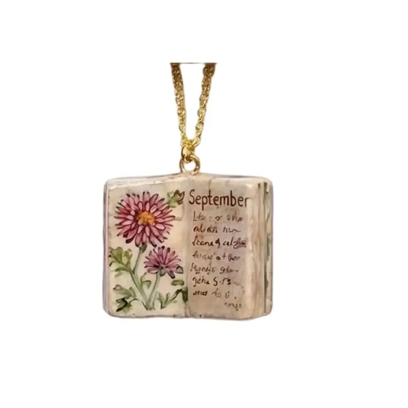 31BB Daily Wear Month Flower Necklace with Mini Book Pendant, Vintage Gold Tone Chain and Meaningful Giftable Look Jewelry
