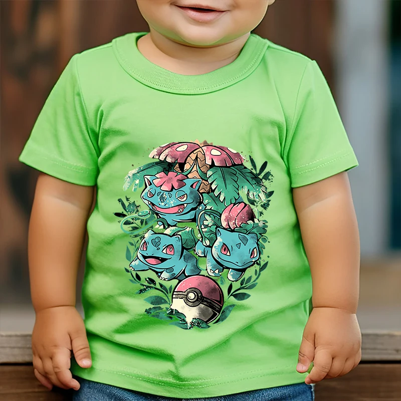 Pokemon cartoon children's clothing kids cotton short-sleeved personality T-shirt green top for boys