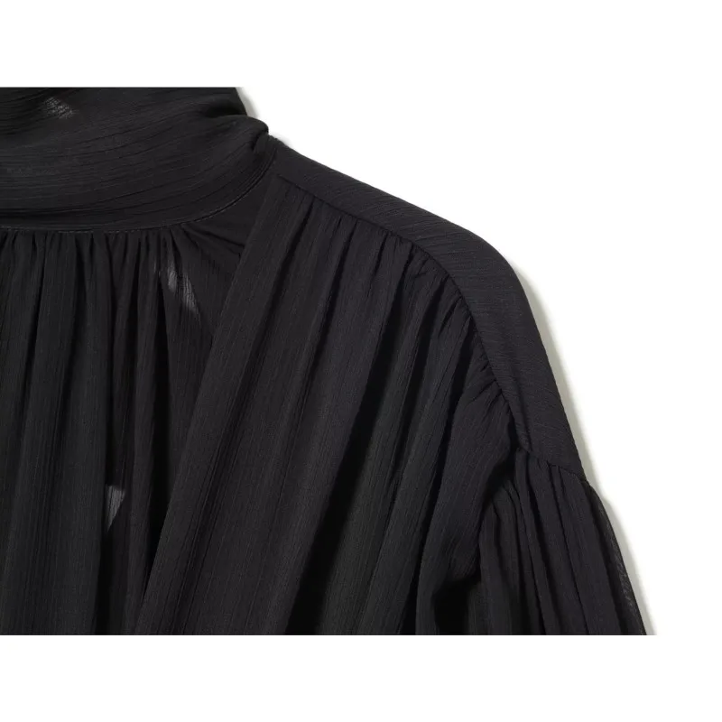 Women Fold Translucent Balloon Version Shirts Autumn Standing Collar Long Sleeve Back Bow Blouses Casual Female Tops