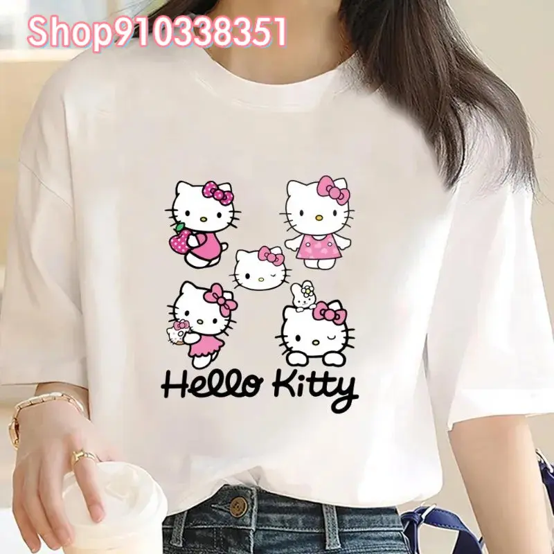 

Cartoon Hello K-Kitty Lovely T Shirt Women Couple Clothes Female Korean Short Sleeve Loose Tees Shirts Women Kawaii Tops 2024