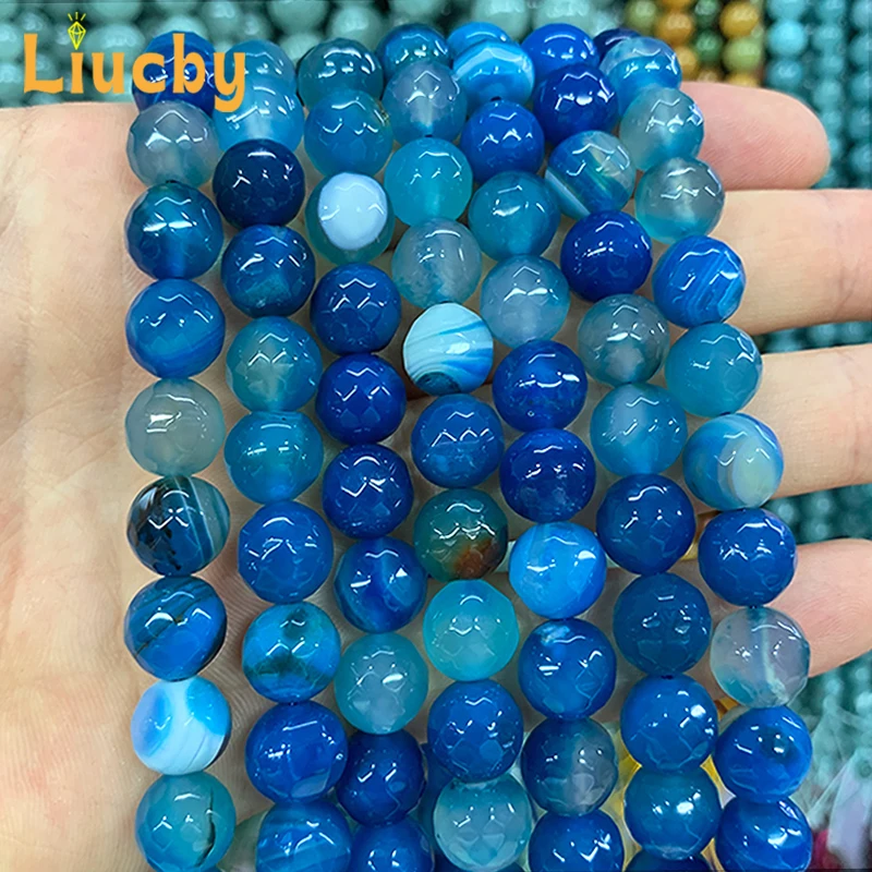 Edelstein facettierte blau gestreifte Achate Natursteinperlen für Schmuckherstellung DIY exquisite Kopfbedeckung Geschenk 15" Zoll 4/6/8/10/12mm – Detail 3