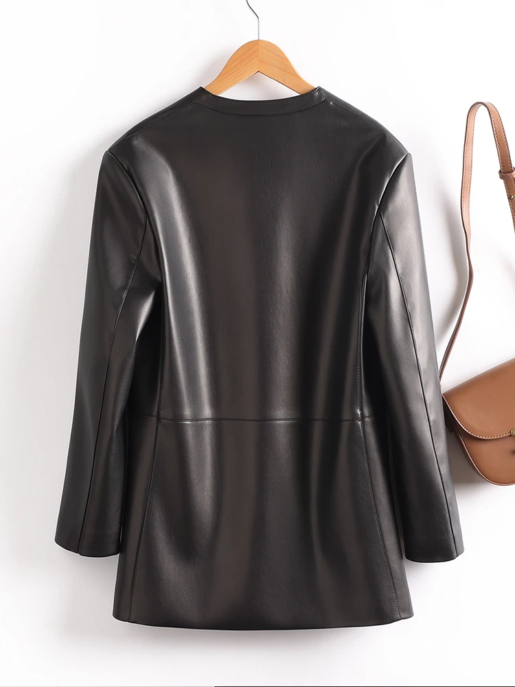 Leather Jacket Women Short Covered Button Pockets Coats Chic Office Ladies Split Sheep Leather Korean Loose Outwear