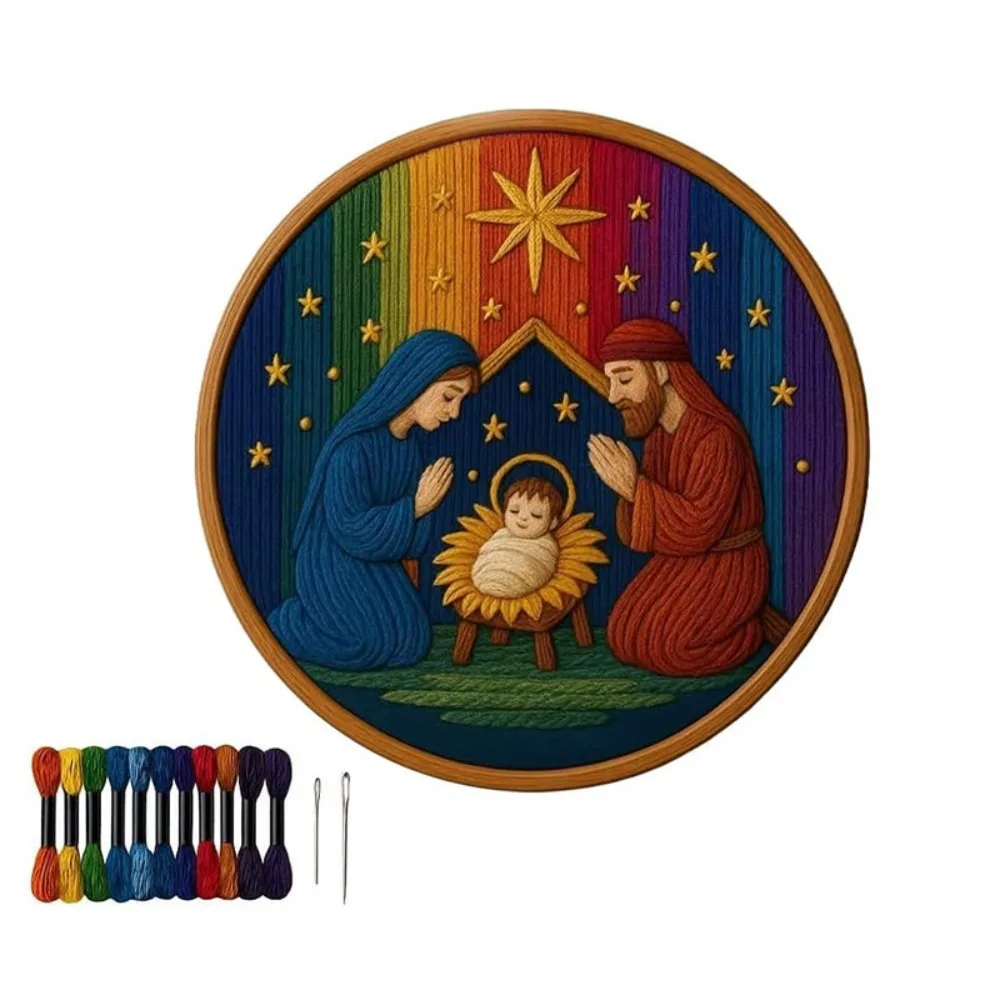 DIY Material Nativity Embroidery Set with EN Instructions, Thread Handmade Craft Christmas Embroidery Kit