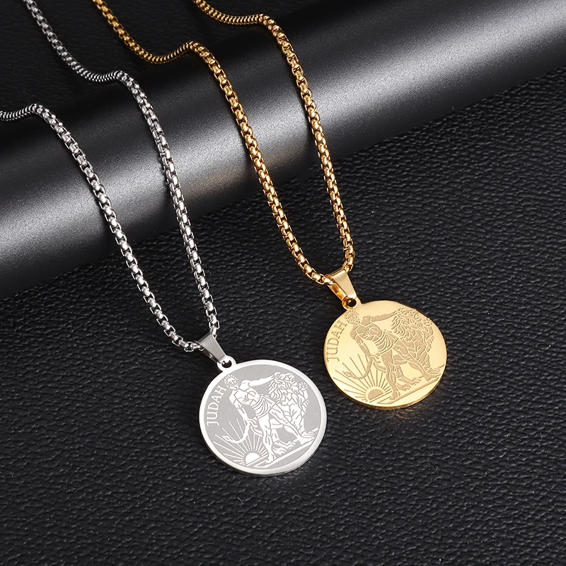 Stainless Steel Lion of Judah Coin Necklace Hanukkah Chanukah Israeli Pendant Hip Hop Chain Jewish Women Men's Jewelry