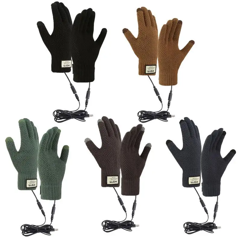 Electric Heated Gloves Full Finger Warmer USB Rechargeable Touch Screen Knitted Gloves Hand Warmer Outdoor Riding Skiing Mitten