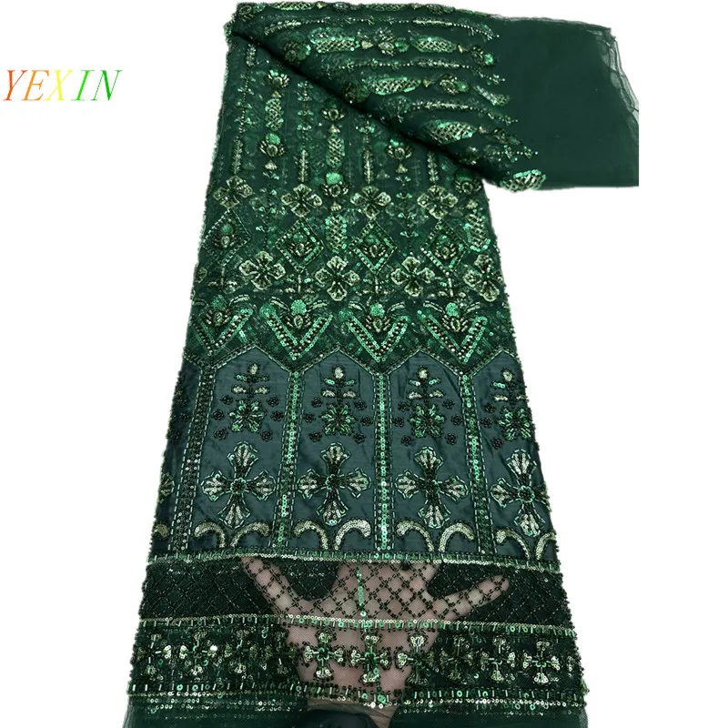 

Сетчатая африканская кружевная ткань с бисером, высококачественная, с динамичным узором из цепочек и пайеток, для домашнего декора и свадебных платьев, 5 ярдов