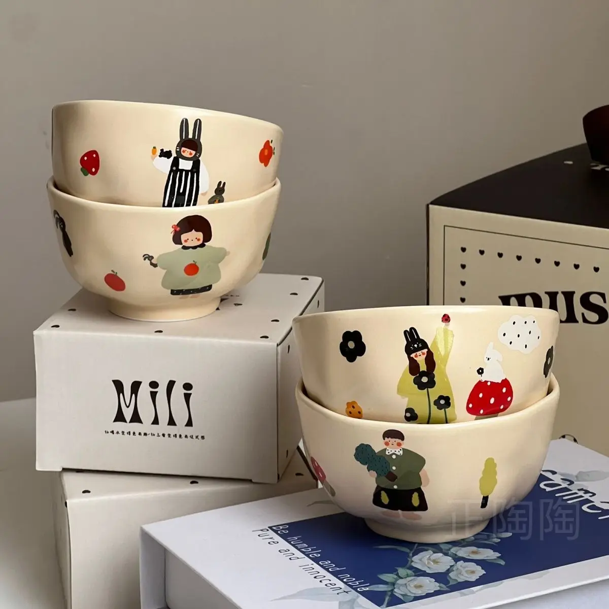 New Cartoon Children\'s Bowl Cute Parent Child Bowl Household Tableware Anti Scalding Ceramic Rice Bowl Girl\'s Tableware