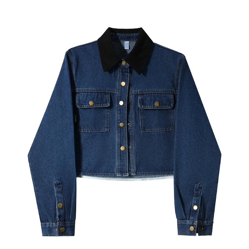 

Vintage Splicing Denim Jacket Women Spring Autumn New American Style Casual Loose Lapel Tops Pockets Single Breasted Coats