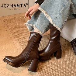 JOZHAMTA Size 34-39 Stretch Boots For Women Ankle High Soft Elastic Leather Block High Heels Shoes Fall Winter Short Booties