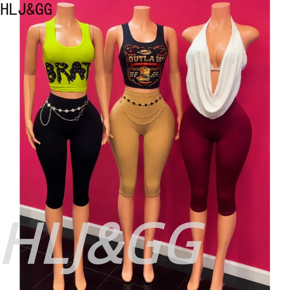 HLJ&GG Y2K Letter Print Ribber Tank Top Two Piece Sets Women Round Neck Sleeveless Slim Vest And Skinny Shorts Outfit Streetwear
