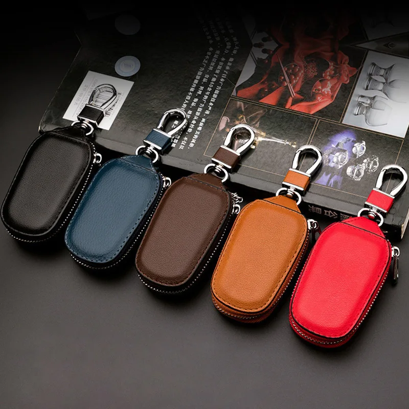 Leather Car Keychain Case For Women Men Car Key Fob Shell Case Cover Holder Bag Pouch Wallet Protector Keychain Organizer