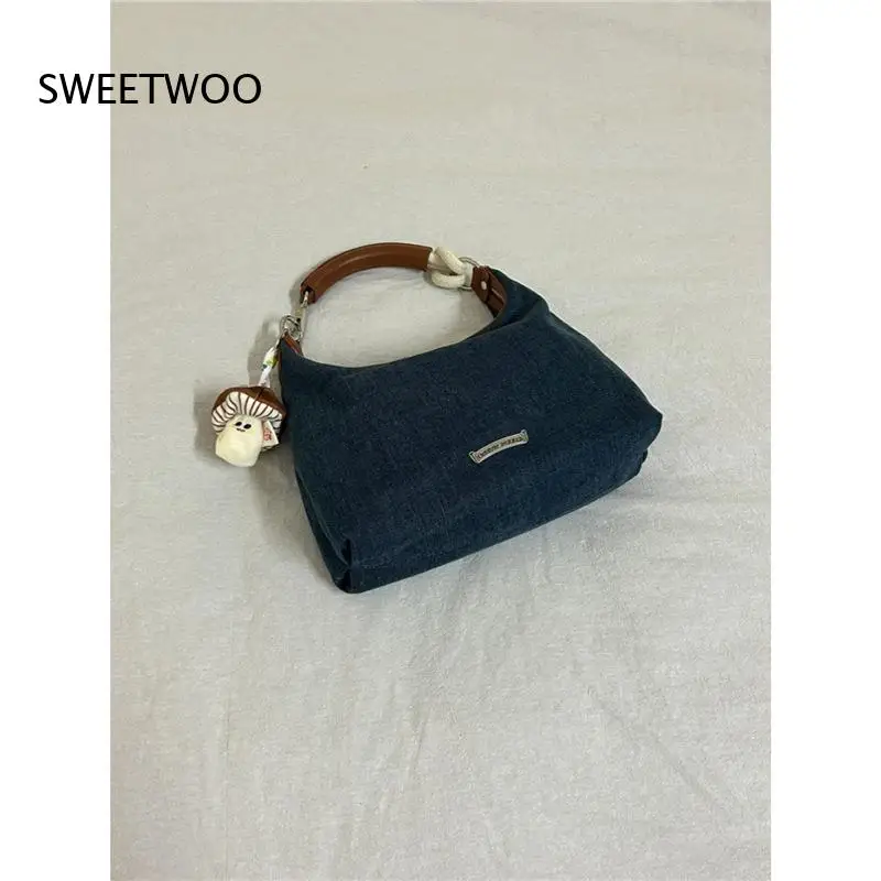 Vintage Denim Hobo Shoulder Bag With Brown Faux Leather Top Handle Removable Mushroom Plush Charm Casual Daily Handbag For Women