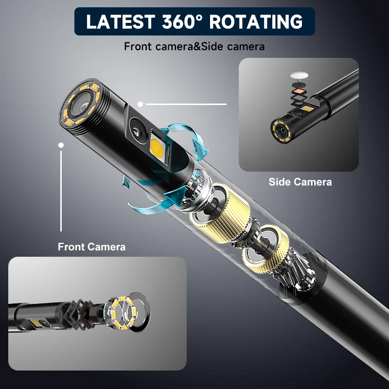 7'' IPS Screen 360 Degree Auto Rotate Endoscope 9.5MM HD1080P Dual Triple Lens Car Inspection Borescope Camera With 32GB TF Card