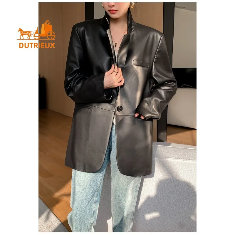 Nuovo abito da donna autunnale Giacca a vento di media lunghezza Silhouette Giacca in vera pelle, 100% vera pelle di pecora, cappotto letterario ed elegante