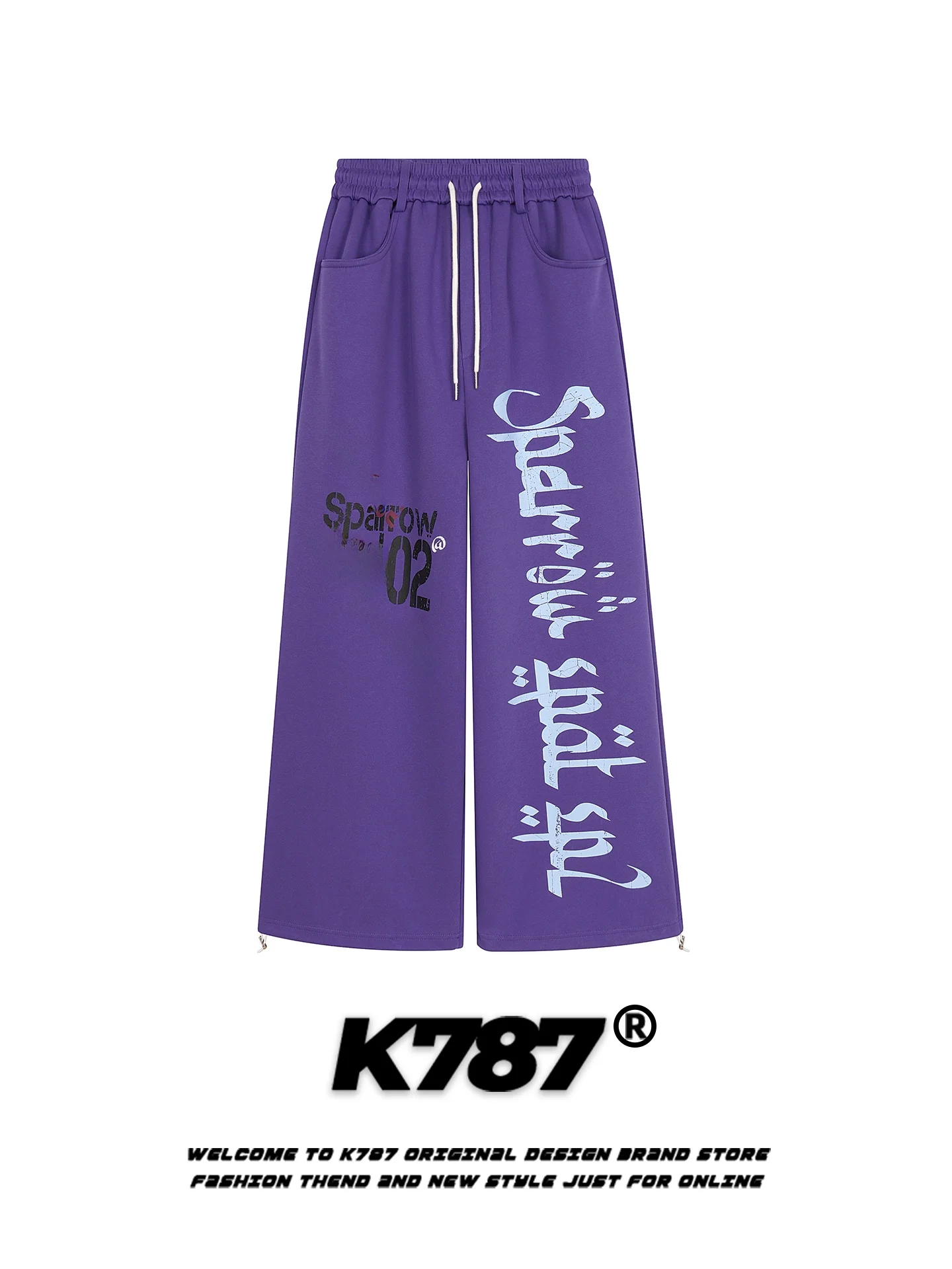 

Спортивные брюки K787 в американском ретро-стиле с буквенным принтом, свободные, на шнурке, с эластичным поясом, фиолетовые, прямые, широкие, унисекс