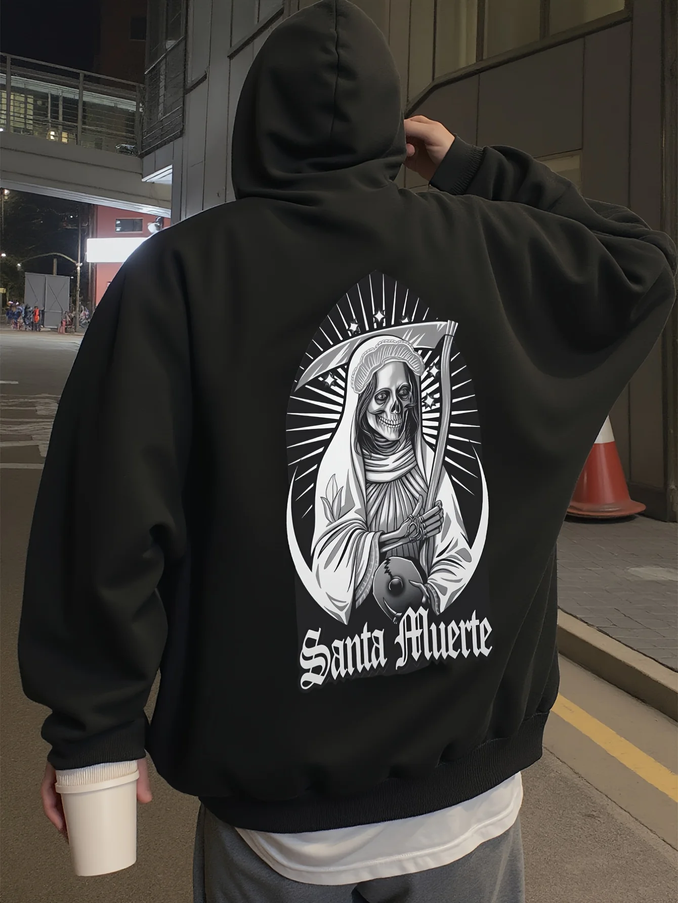 Men's and Unisex Style Hooded Sweatshirt with Saint Death Print - 270g Vintage Street Style Sweatshirt, Soft and Breathable Fabric, Hooded Pullover Style (Size) for Autumn and Winter Casual Wear - Dark Gothic Style, Suitable for Nightclubs and Everyday Wear