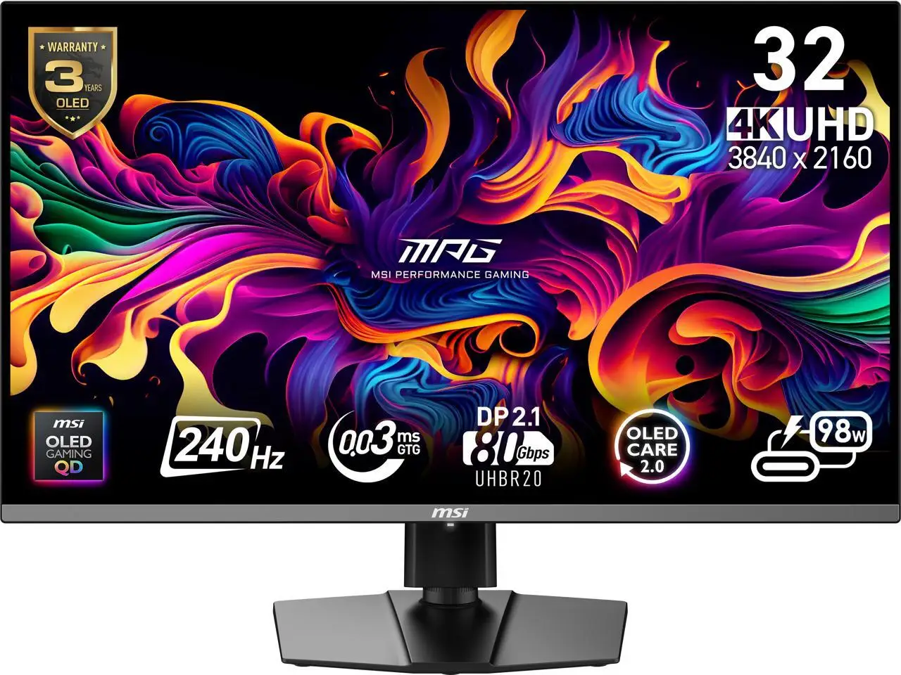 MSI 32 inch UHD 4K 240Hz AMD FreeSync Premium Pro & G-Sync Compatible 0.03ms HDR400 USB-C KVM DP 2.1a OLED Gaming Computer Monitor with Height Adjustable, Swivel, Pivot & Tilt stand MPG 322URX QD-OLED