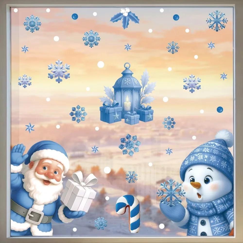 2PCS Santa Snowman Christmas Window Stickers Static Cling Blue Glass Static Stickers Cartoon Double Side Printed Window Decals