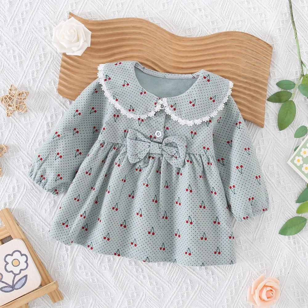 Autumn Baby Girls Dress Cute Cherry Pattern Girls Dress Bow Sweet Beauty Baby Long Sleeve Dress (0-1 Year Old)